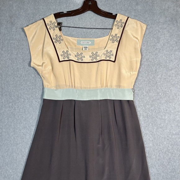 Anthropologie Diodore Dress Womens 12 Romantic Camel Silk Alpine Tie Back - Picture 2 of 16